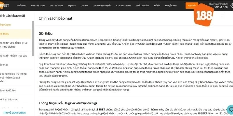 Chính Sách Bảo Mật 1 Định nghĩa về chính sách bảo mật của 188Bet