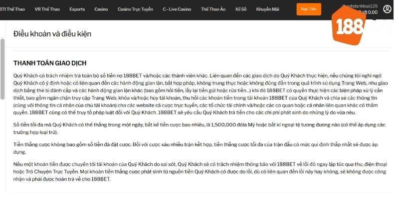 Chi tiết điều khoản sử dụng của nhà cái 188BET từ A đến Z 2 Quy định của nhà cái về quy trình nạp và rút tiền trực tuyến